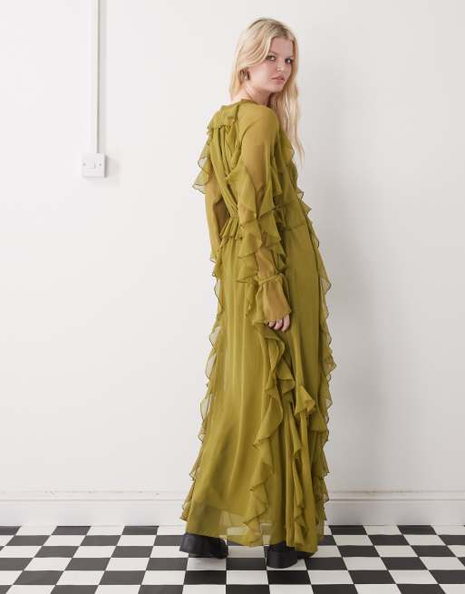 Reclaimed Vintage - Lange nette jurk van chiffon met ruches in groen, 3 van 4