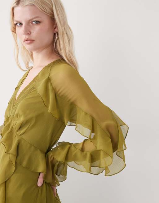 Reclaimed Vintage - Lange nette jurk van chiffon met ruches in groen, 4 van 4