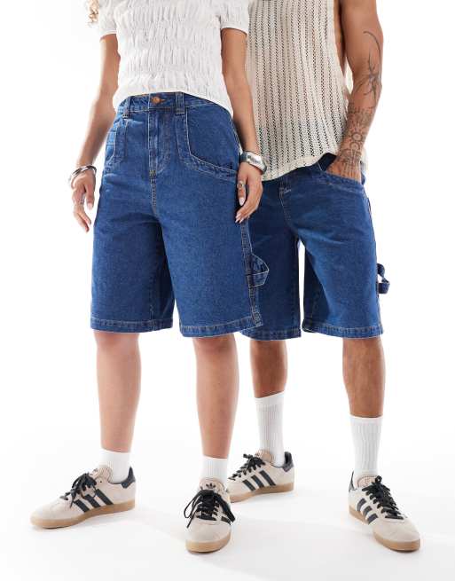 Reclaimed Vintage – Länger geschnittene Unisex-Carpenter-Jorts aus Denim in Indigoblau