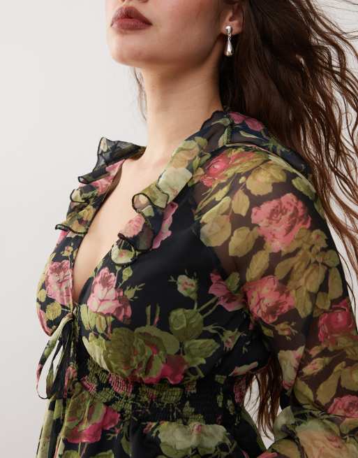 Reclaimed Vintage - Langærmet bluse med flæser og mørkt blomstermønster, 3 af 4