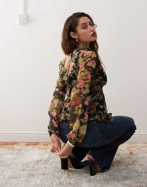 Reclaimed Vintage - Langærmet bluse med flæser og mørkt blomstermønster, 4 af 4