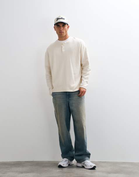 Reclaimed Vintage langærmet waffle-strik henley T-shirt i cream - view 1