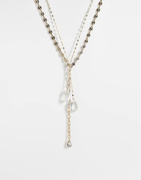 Reclaimed Vintage lariat necklace in gold with gem stone details in gold - view 1