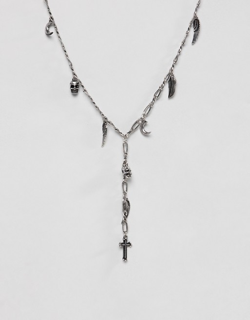 Reclaimed Vintage lariat necklace with cross and feather pendants