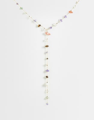 Reclaimed Vintage Lariat Necklace With Gem Multi Stones In Gold