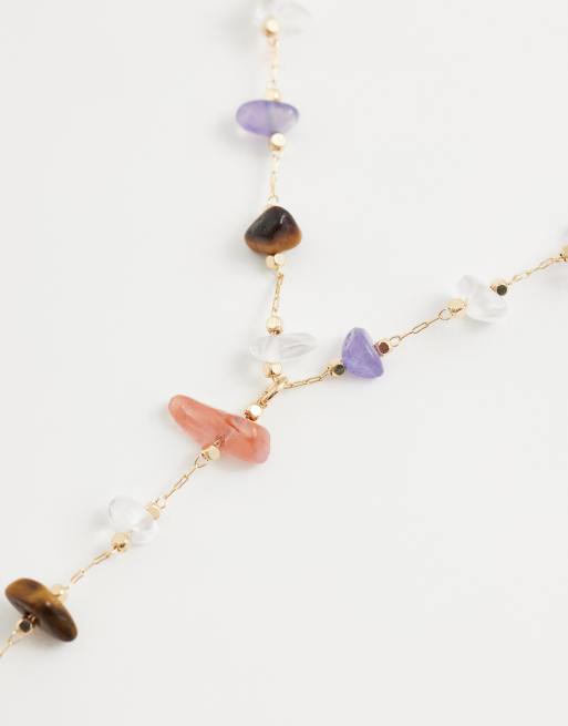 Reclaimed Vintage lariat necklace with gem multi stones in gold, 3 of 4