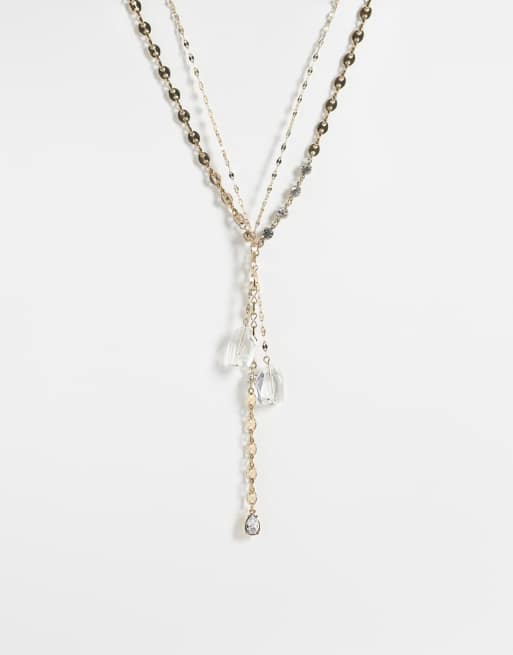 Reclaimed Vintage – Lasso-Halskette in Goldoptik mit Schmucksteindetails