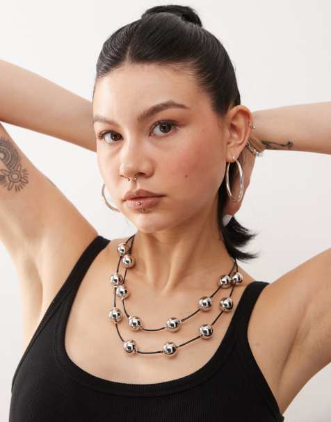 Reclaimed Vintage layered 2 row necklace with silver beads on cord - view 1