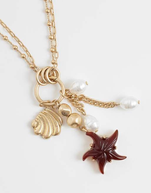Reclaimed Vintage layered chain necklace with charm seashell pendant in gold, 3 of 4