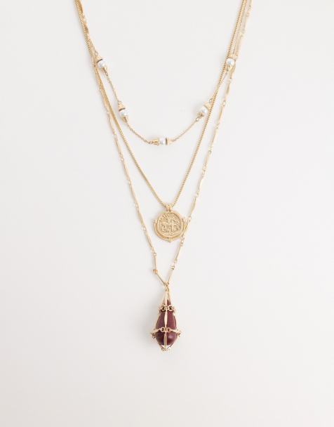 Reclaimed Vintage layered longline necklace with pedant detail in gold - view 1