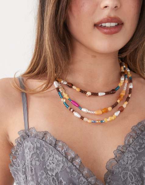 Reclaimed Vintage layered necklace in multi colored beads - view 1