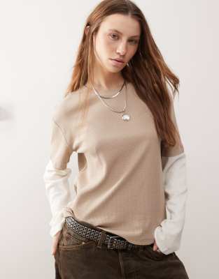 layered waffle long sleeve top-Neutral