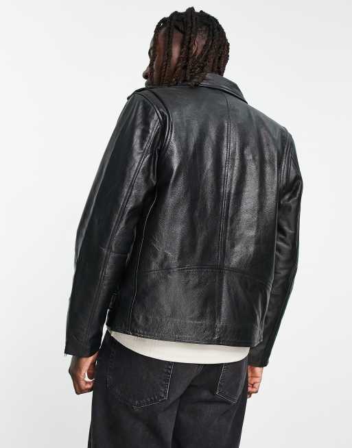 Reclaimed Vintage leather biker jacket in black with metal trims