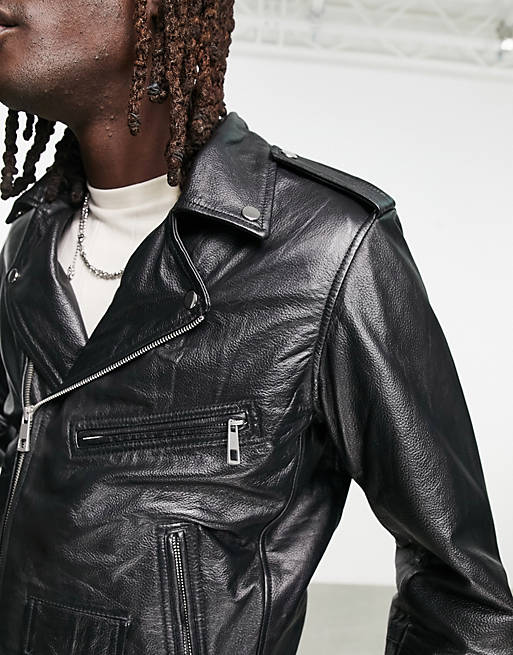 Reclaimed Vintage leather biker jacket in black with metal trims