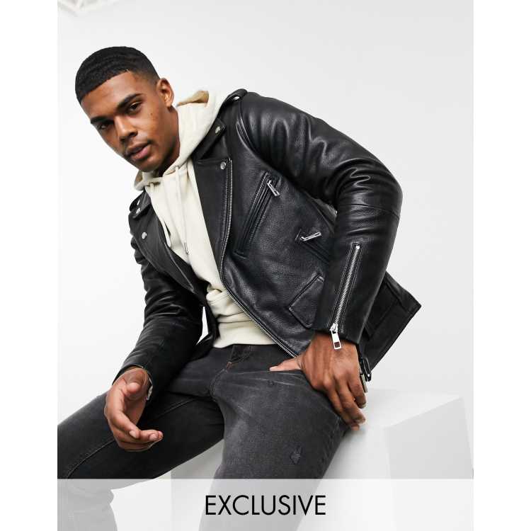 Reclaimed leather biker jacket in black | ASOS