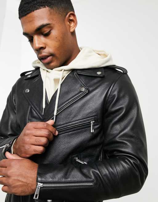 Reclaimed Vintage leather biker jacket in black