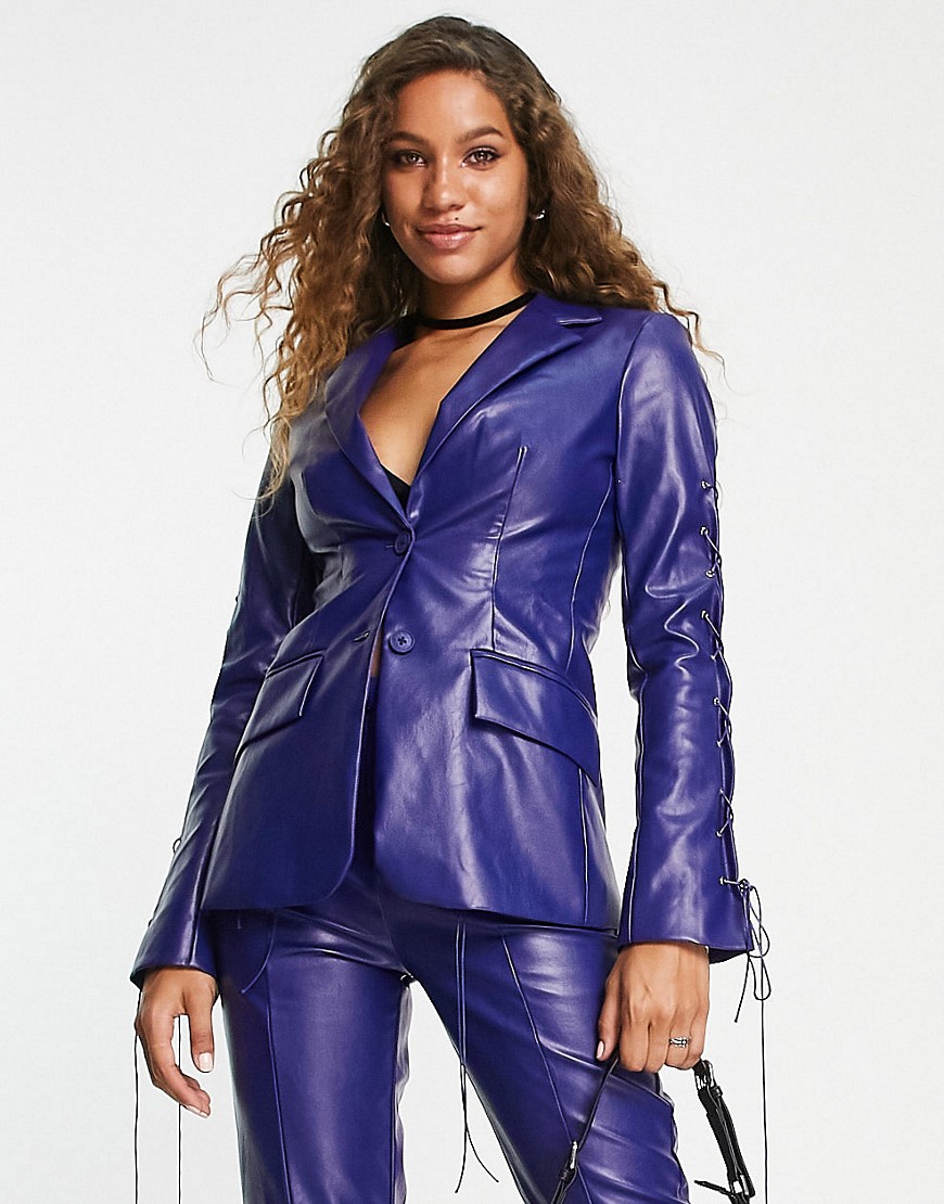 leather blazer with lace up sleeve detail in blue