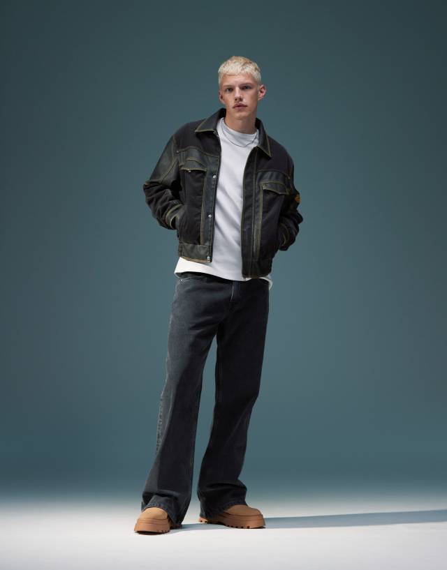 Reclaimed Vintage leather look and cord mix bomber jacket with