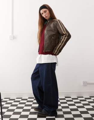 Reclaimed Vintage leather look biker with stripes in washed brown - view 1