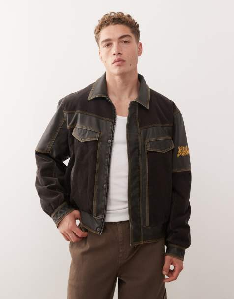 Reclaimed Vintage leather look bomber jacket with contrast cord panels in black - view 1