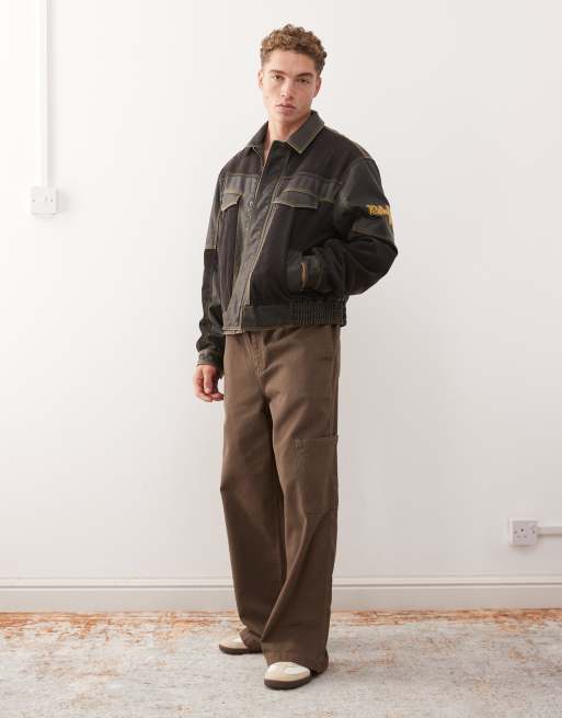 Reclaimed Vintage leather look bomber jacket with contrast corduroy panels in black