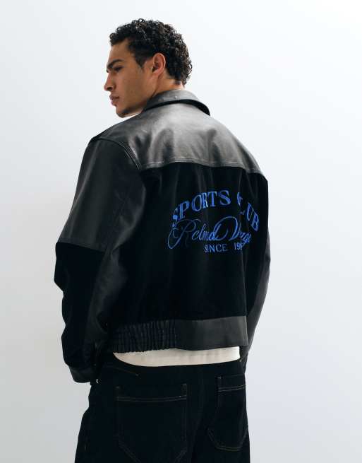 Reclaimed Vintage leather look bomber jacket with contrast cord panels in blue black, 1 of 5