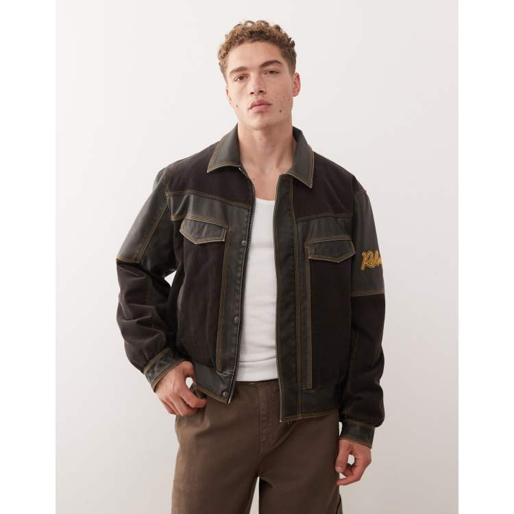 Reclaimed Vintage leather look bomber jacket with contrast