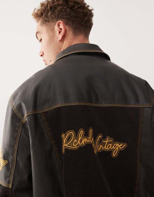 Reclaimed Vintage leather look bomber jacket with contrast corduroy panels in black