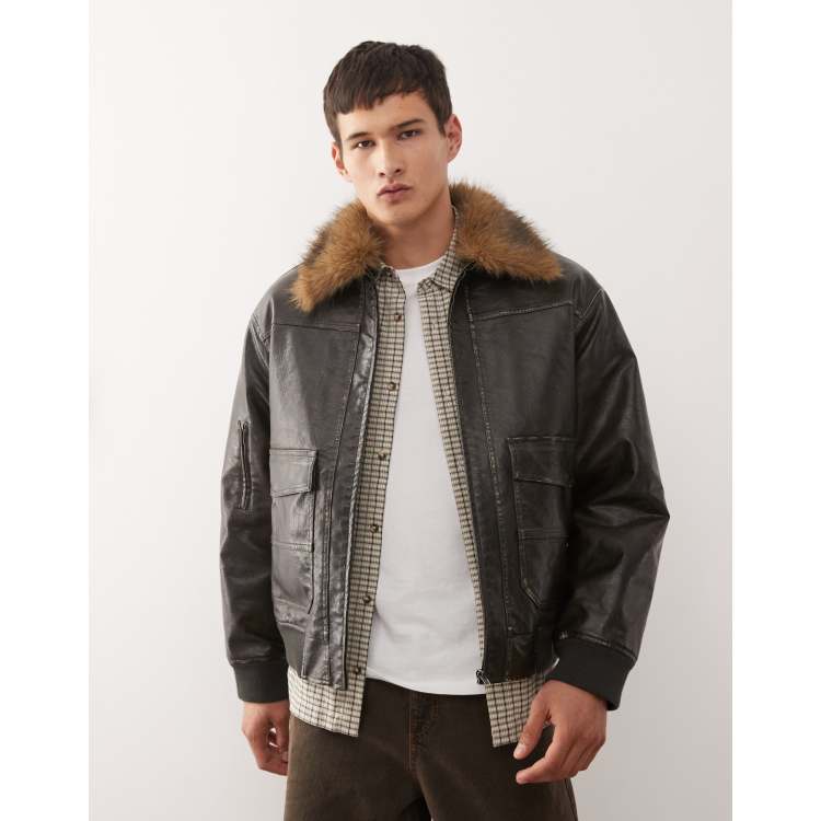 【TRUNC】Boa Collar Faux Leather Blouson Reclaimed Vintage leather look bomber jacket with faux fur collar