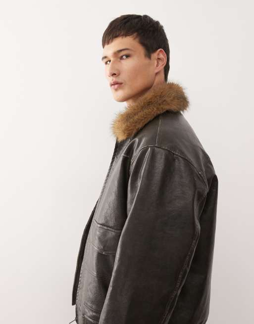 Reclaimed Vintage leather look bomber jacket with faux fur collar