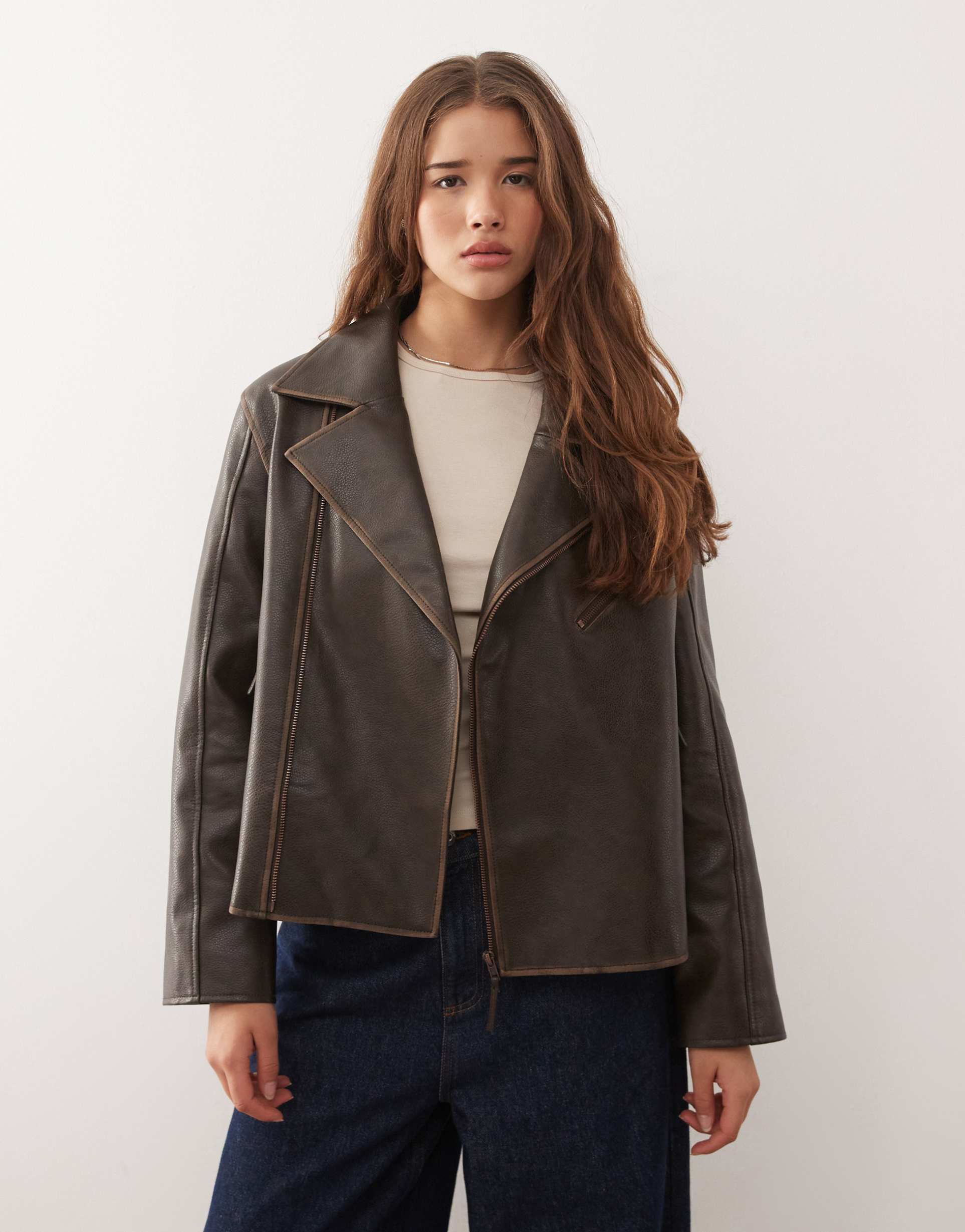 reclaimed vintage leather look boxy biker jacket in chocolate brown