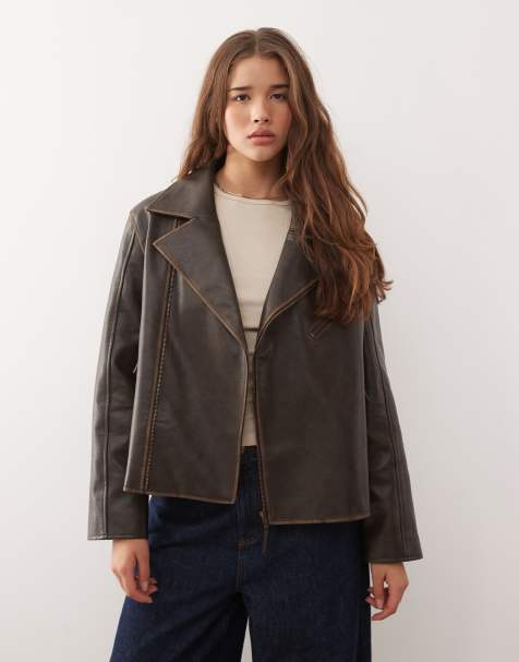 Reclaimed Vintage leather look boxy biker jacket in chocolate brown