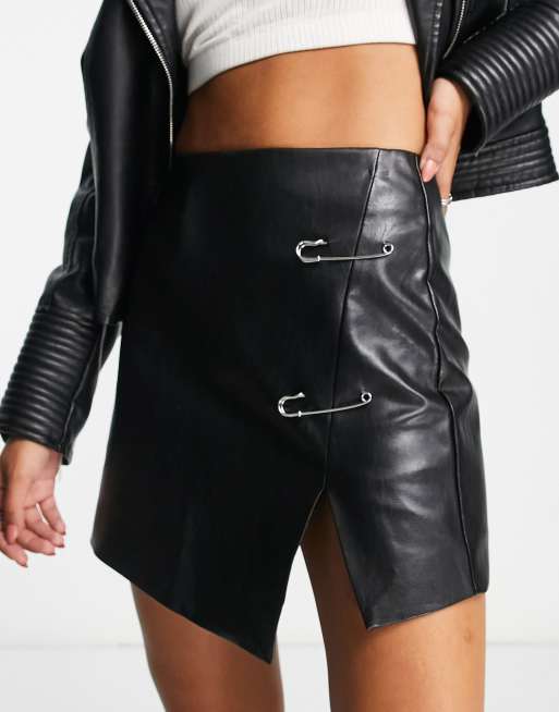 Reclaimed Vintage leather look mini skirt in black with hardware detail ...