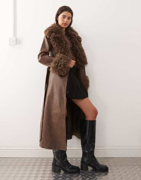 Reclaimed Vintage leather look trench coat with faux fur collar and cuffs in brown - view 1