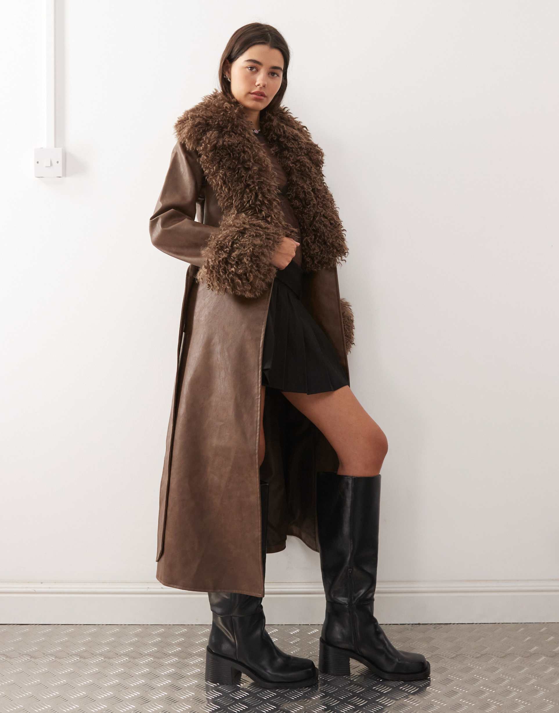 reclaimed vintage leather look trench coat with faux fur collar and cuffs in brown