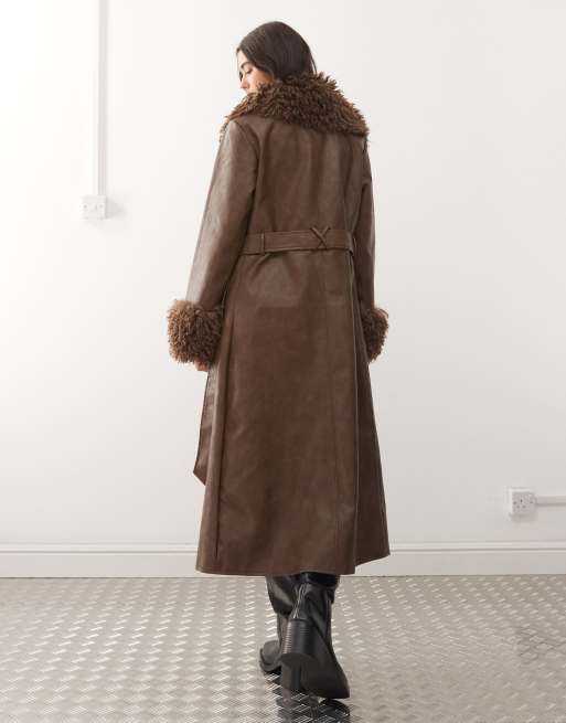 Reclaimed Vintage leather look trench coat with faux fur collar and cuffs in brown