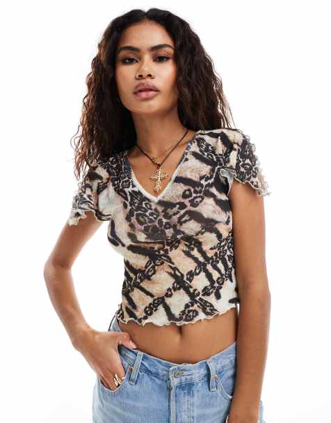 Reclaimed Vintage – Leopardmönstrad topp med axeldetaljer i mesh - view 1