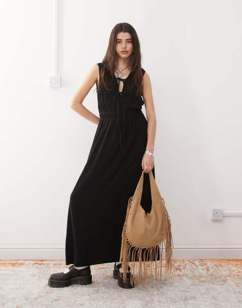 Reclaimed Vintage – Letnia czarna sukienka maxi z mieszanki lnu z marszczeniem i wiązaniem - view 1
