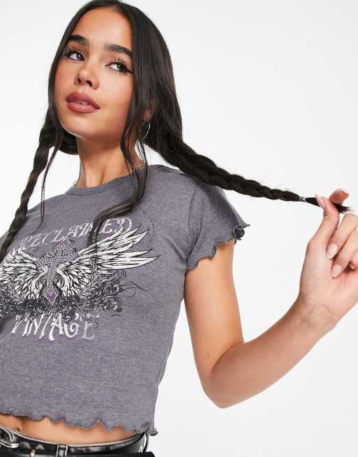 Reclaimed Vintage lettice edge baby tee in charcoal