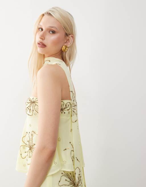 Reclaimed Vintage Limited Edition bandeau top with cutout and matching scarf with floral embroidery detailing in yellow