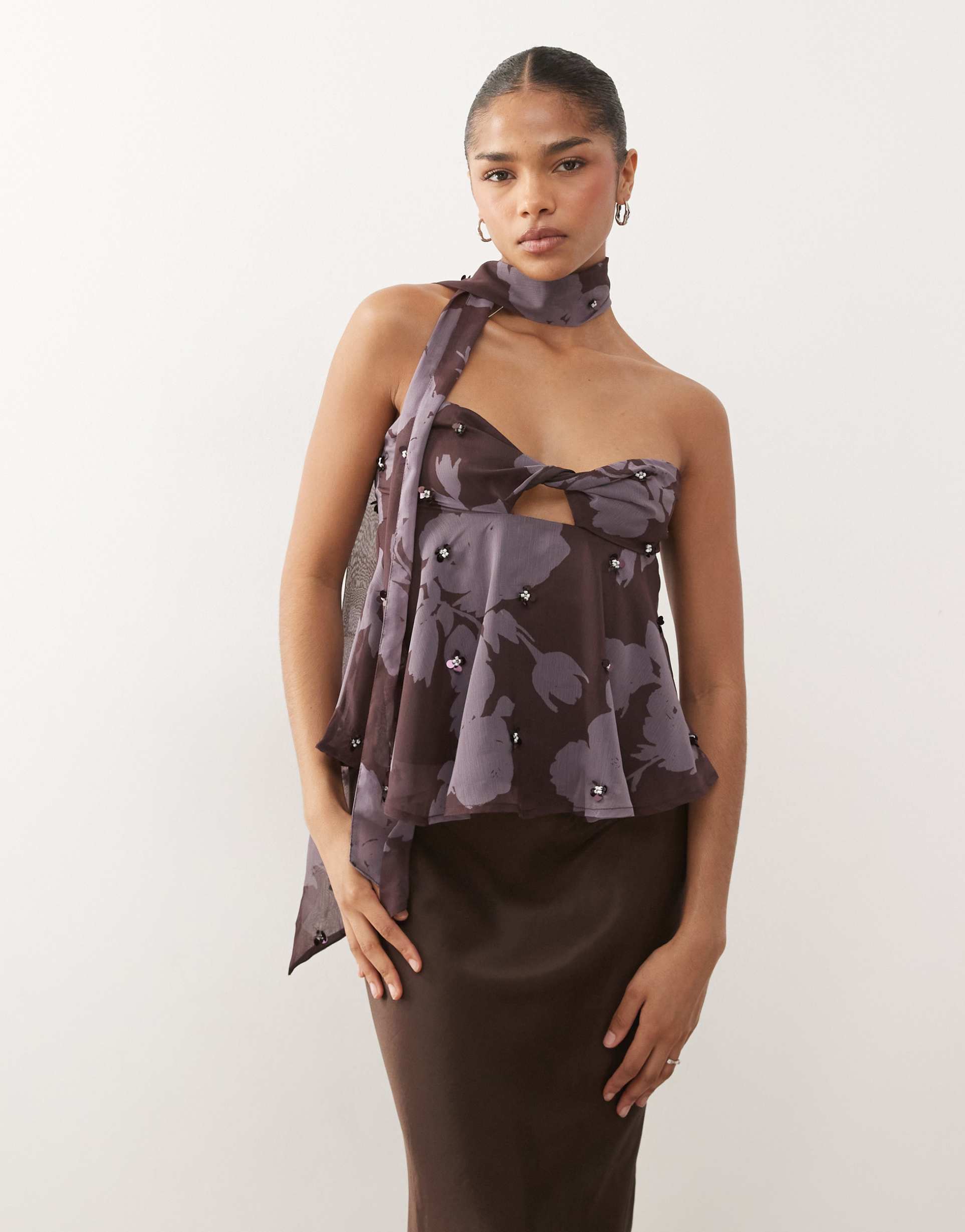 reclaimed vintage limited edition bandeau twist top with embellishment in purple floral print