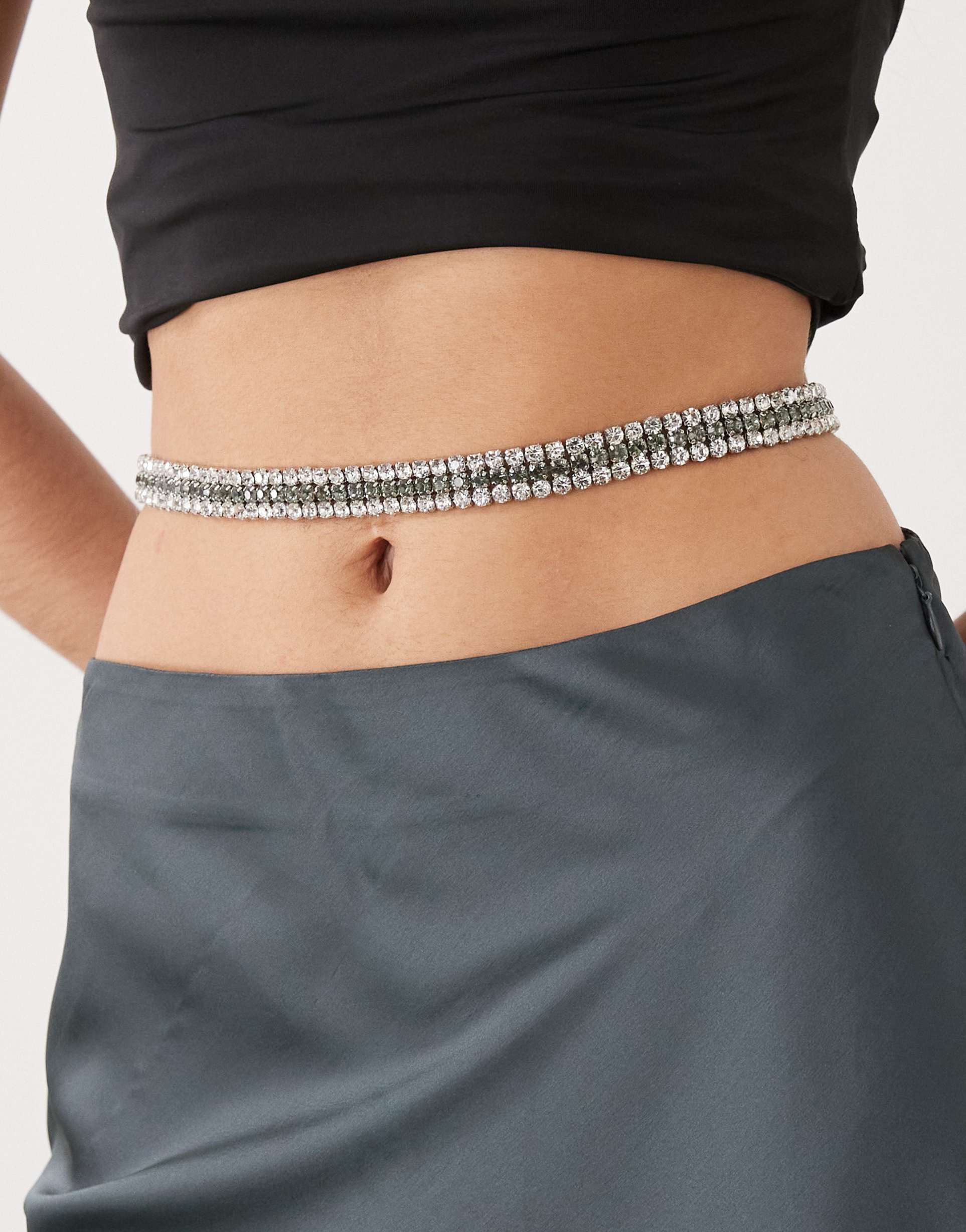 reclaimed vintage limited edition belt belly chain in silver-tone rhinestones