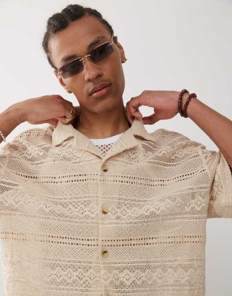 Reclaimed Vintage Limited Edition short sleeve boxy crochet shirt in beige