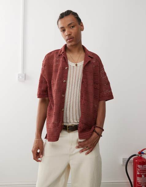 Reclaimed Vintage Limited Edition short sleeve crochet lace shirt in burgundy