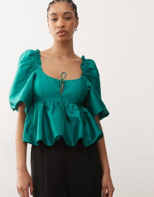 Reclaimed Vintage Reclaimed Vintage Limited Edition bubble hem top with exaggerated sleeve in emerald green taffeta-Multi