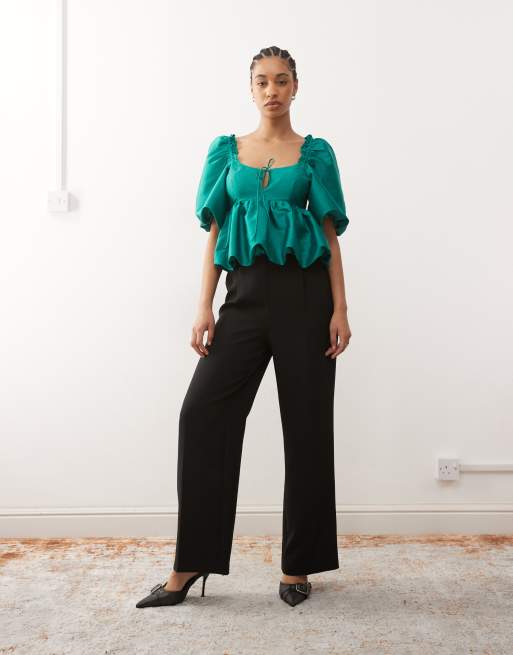 Reclaimed Vintage Limited Edition bubble hem top with exaggerated sleeve in emerald green taffeta, 2 of 4