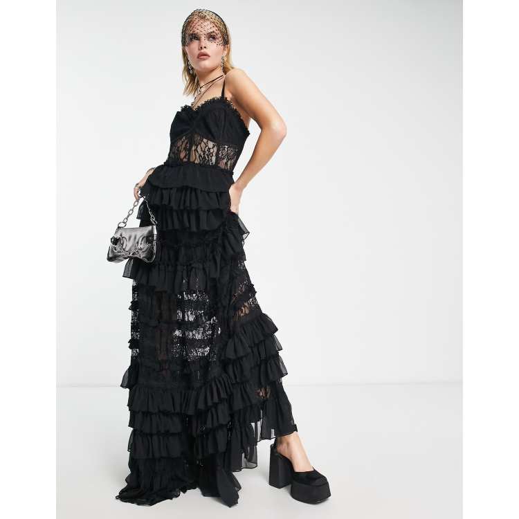 Reclaimed Vintage Limited Edition corset maxi dress with tiered lace in  black | ASOS