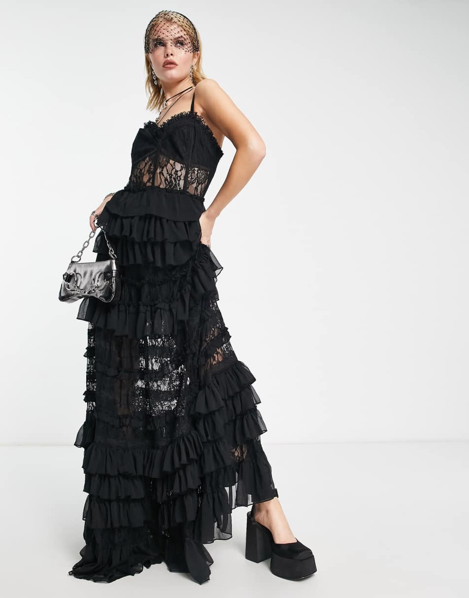 Reclaimed Vintage Limited Edition corset maxi dress with tiered lace in black