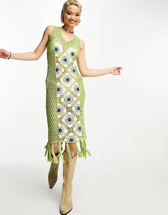 Reclaimed Vintage - limited edition crochet midi dress in green