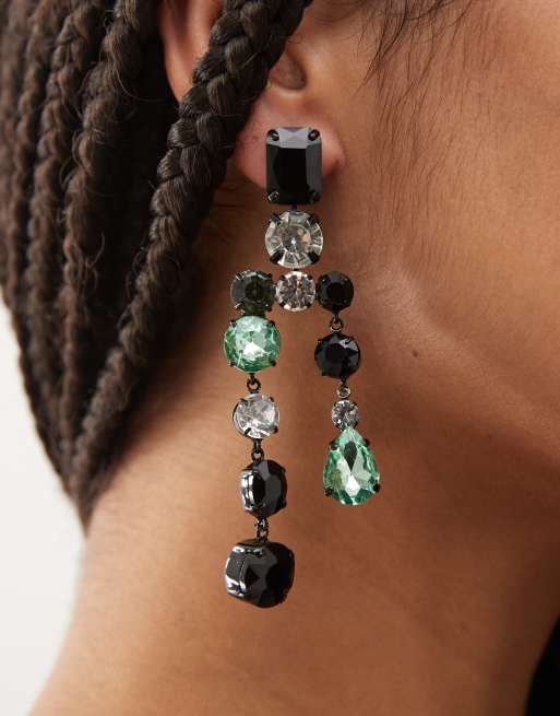 Reclaimed Vintage Limited Edition dangly earrings in green and black stones in silver